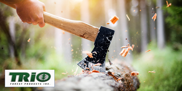 Axe Chopping into large log with bark flying and Trio Forest Products Logo