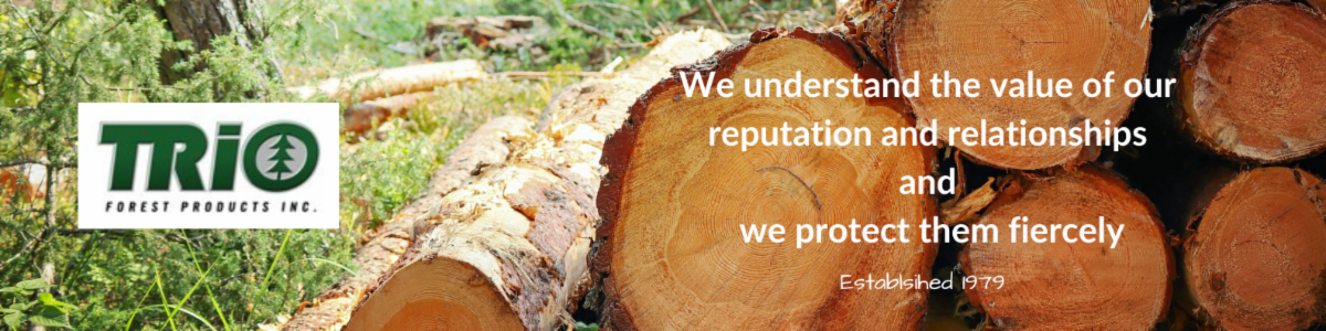 Logs with Trio Forest Products logo and script